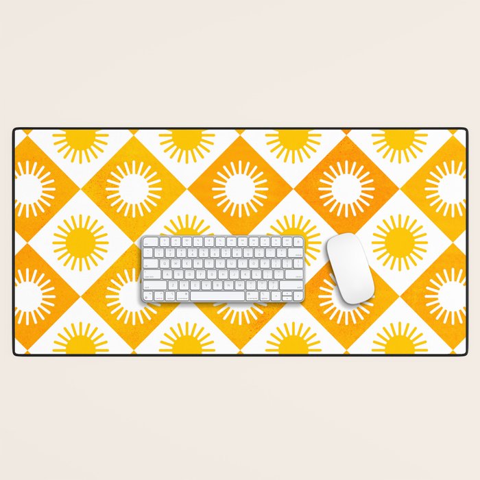 Retro Checkered Yellow Sun Pattern Desk Mat Gallery Image 1