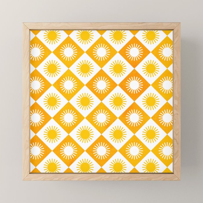 Retro Checkered Yellow Sun Pattern Mini Art Print