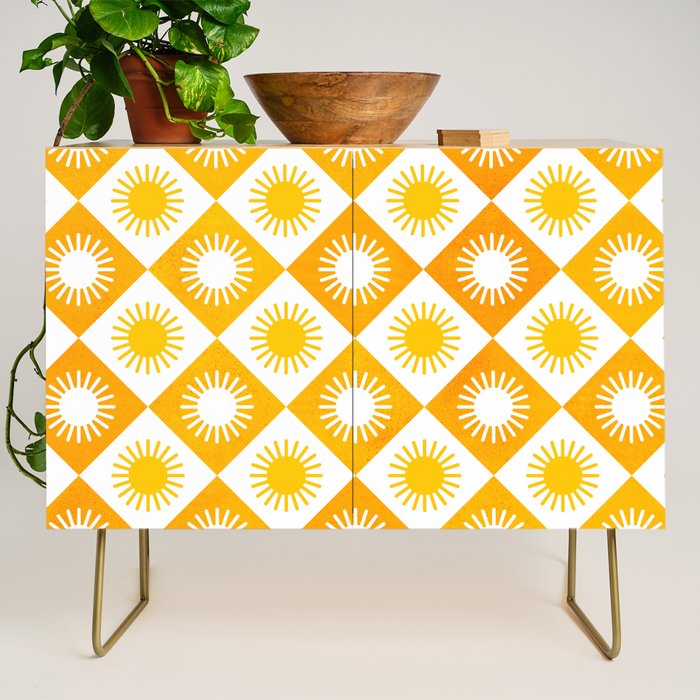 Retro Checkered Yellow Sun Pattern Credenza Gallery Image 1