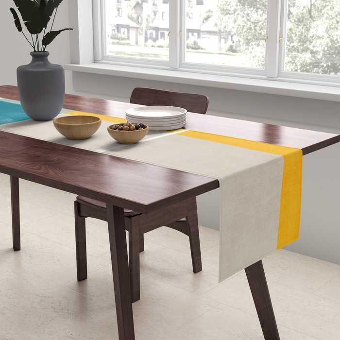 Teal Yellow Beige Abstract Artwork Table Runner Gallery Image 2