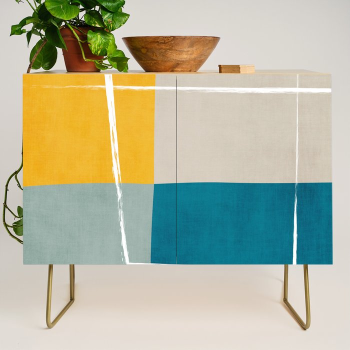 Teal Yellow Beige Abstract Artwork Credenza Gallery Image 1