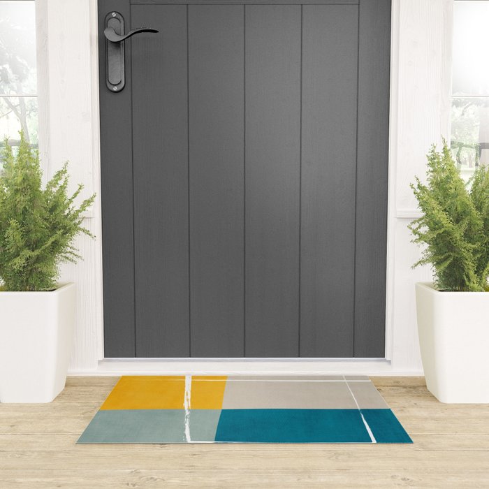Teal Yellow Beige Abstract Artwork Welcome Mat Gallery Image 3