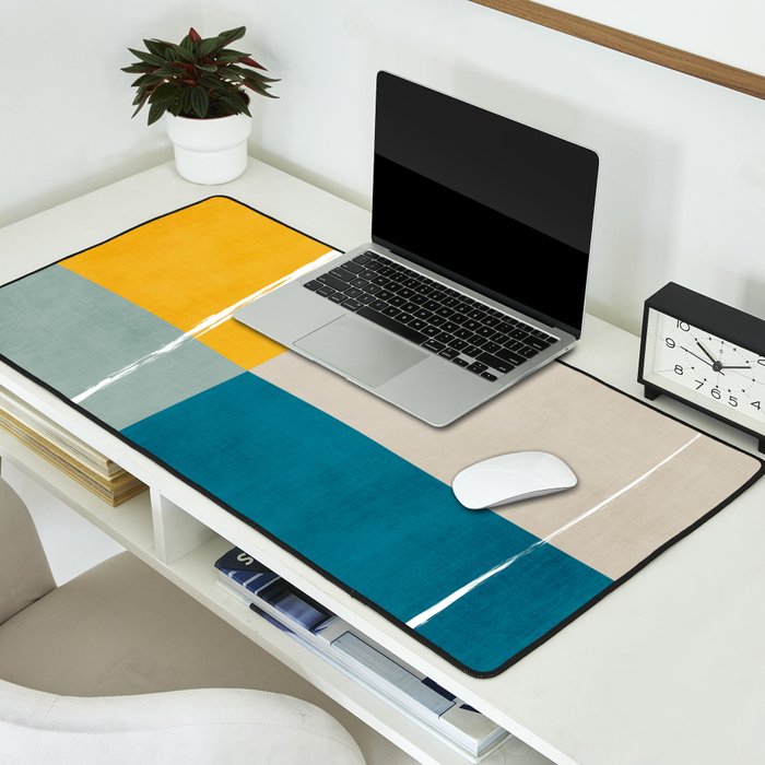 Teal Yellow Beige Abstract Artwork Desk Mat Gallery Image 2