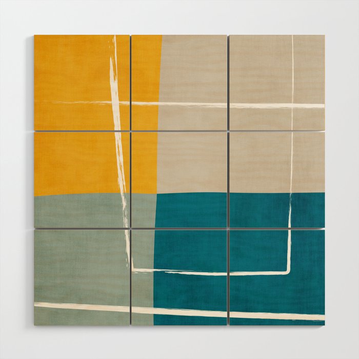 Teal Yellow Beige Abstract Artwork Wood Wall Art Gallery Image 1