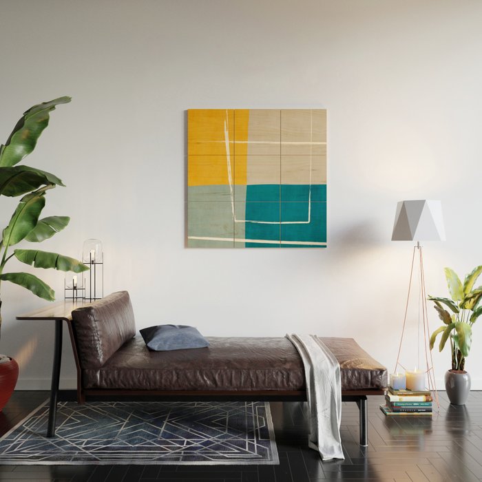 Teal Yellow Beige Abstract Artwork Wood Wall Art Gallery Image 2