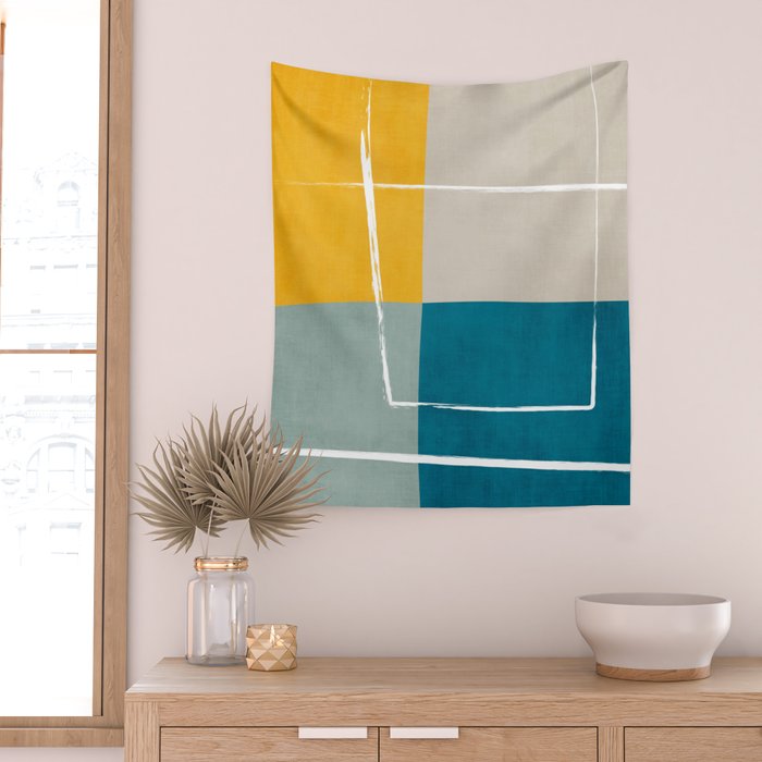 Teal Yellow Beige Abstract Artwork Wall Tapestry Gallery Image 2