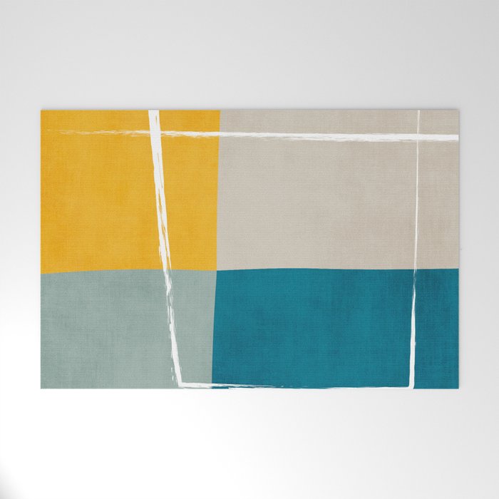 Teal Yellow Beige Abstract Artwork Welcome Mat Gallery Image 1