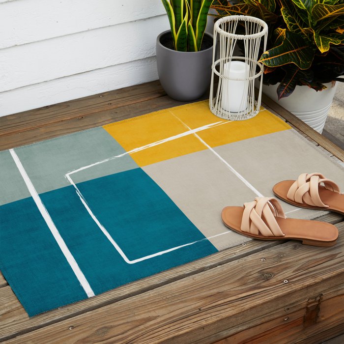 Teal Yellow Beige Abstract Artwork Outdoor Rug Gallery Image 2