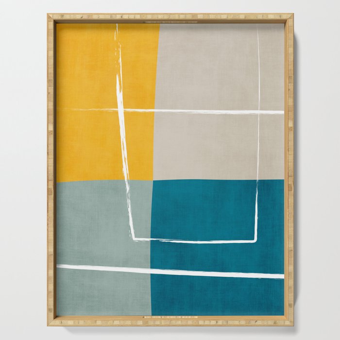 Teal Yellow Beige Abstract Artwork Serving Tray Gallery Image 1