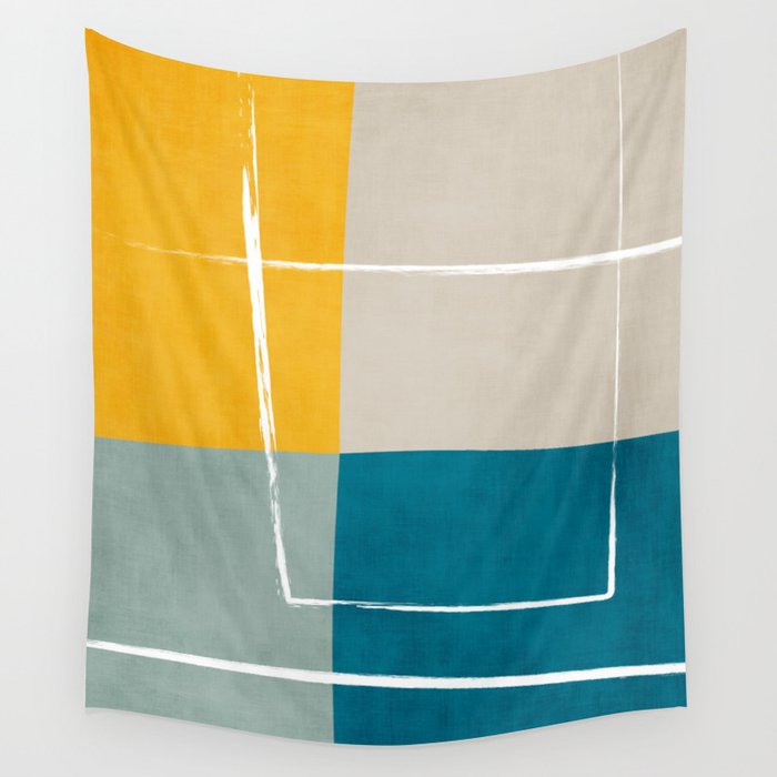 Teal Yellow Beige Abstract Artwork Wall Tapestry Gallery Image 4