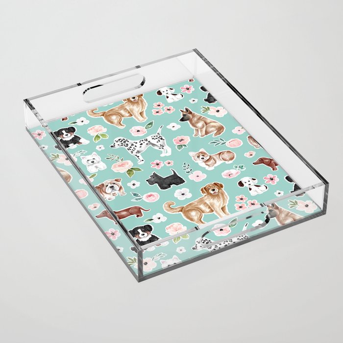 Cute Dogs on Aqua Blue, Dogs and Flowers, Pet Painting, Cute Animals, Golden Retriever, Dachshund, Corgi, Bulldog, Dalmation Acrylic Tray Gallery Image 1
