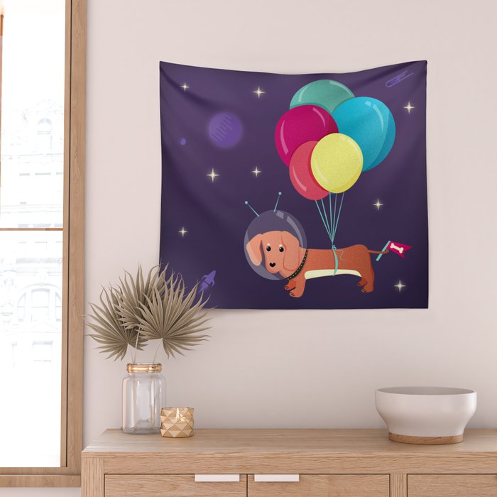 Galaxy Dog with balloons Wall Tapestry Gallery Image 2