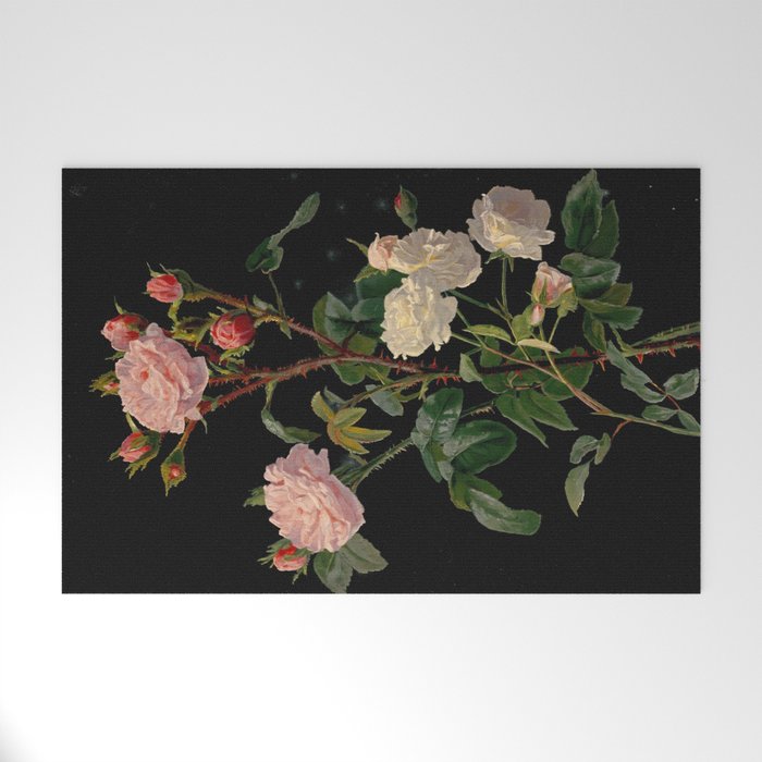 Vintage Botanical Illustration Beautiful Lush Roses Flowers Black Background Welcome Mat Gallery Image 1