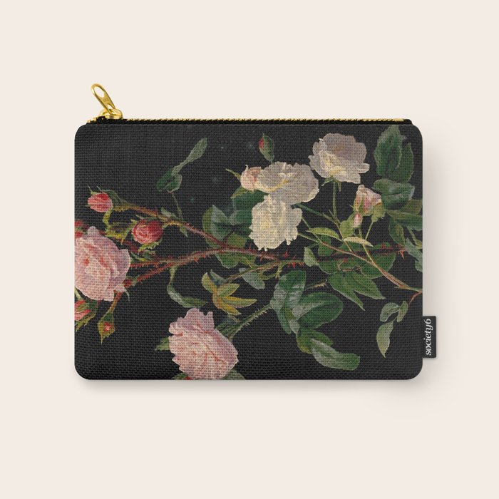Vintage Botanical Illustration Beautiful Lush Roses Flowers Black Background Carry All Pouch Gallery Image 1