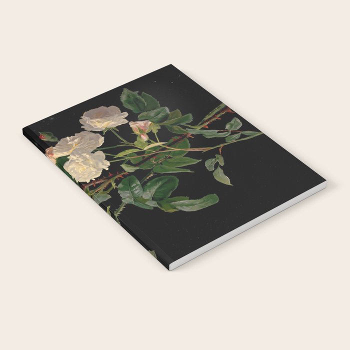 Vintage Botanical Illustration Beautiful Lush Roses Flowers Black Background Notebook Gallery Image 2