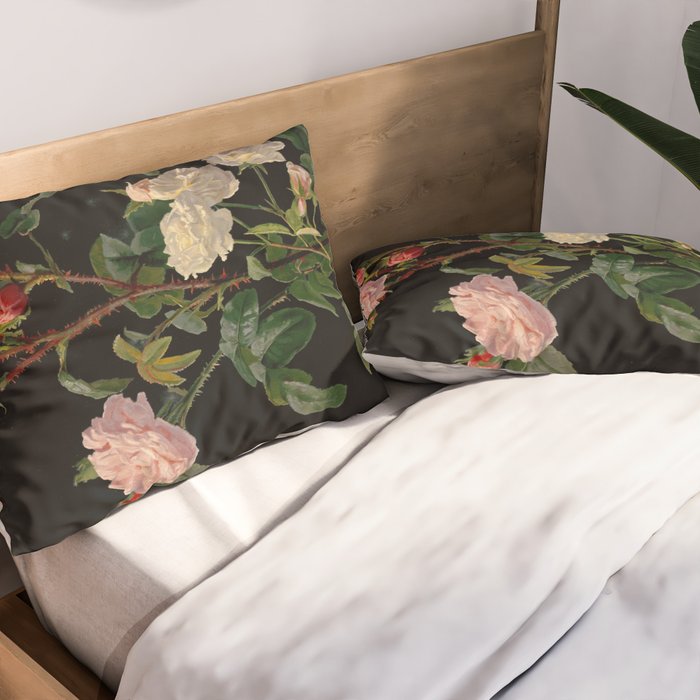 Vintage Botanical Illustration Beautiful Lush Roses Flowers Black Background Pillow Sham Gallery Image 2