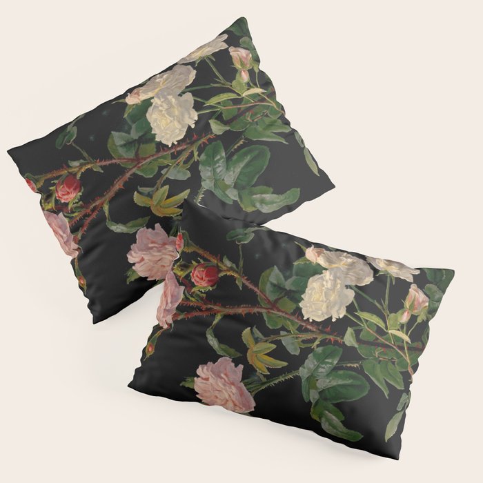 Vintage Botanical Illustration Beautiful Lush Roses Flowers Black Background Pillow Sham Gallery Image 3