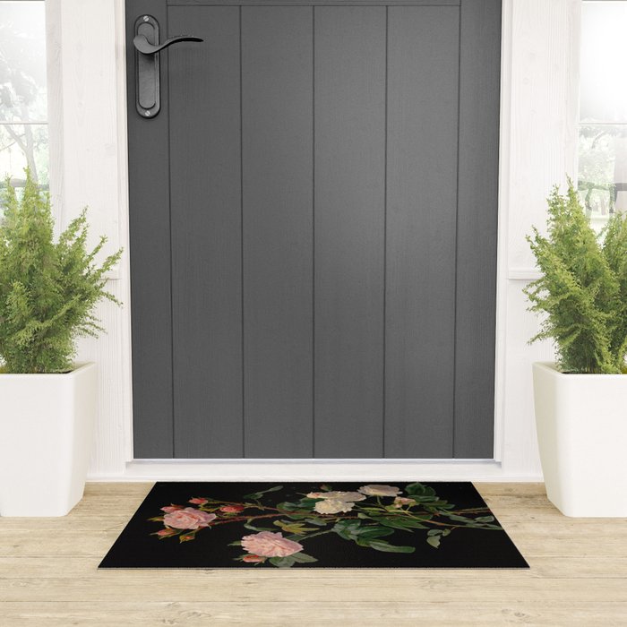Vintage Botanical Illustration Beautiful Lush Roses Flowers Black Background Welcome Mat Gallery Image 3