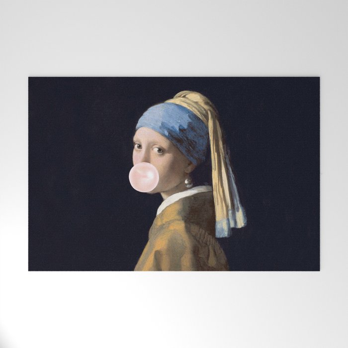 Girl with Pearl Earing Blowing Gum Welcome Mat