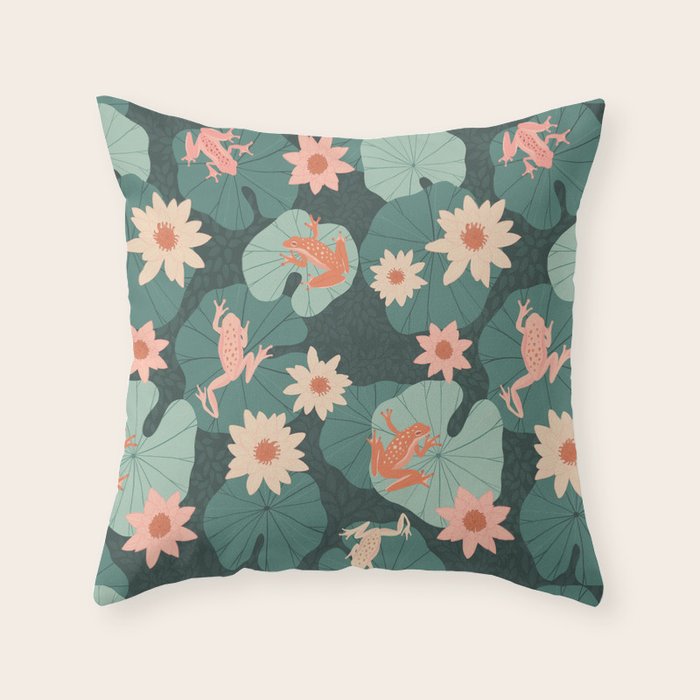 Pastel frogs and waterlilies - Magical Forest Throw Pillow Gallery Image 1