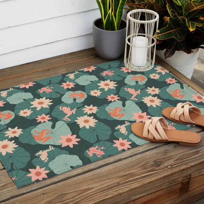 Pastel frogs and waterlilies - Magical Forest Outdoor Rug Gallery Image 2