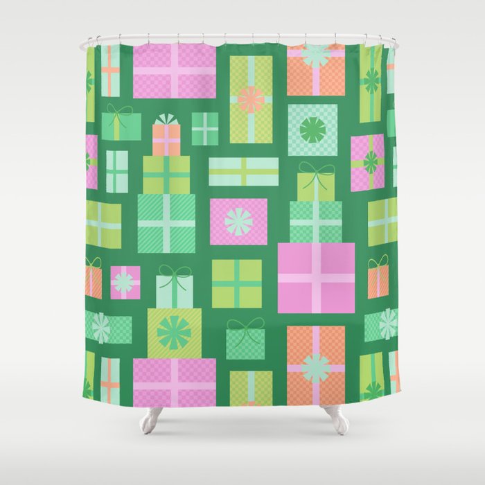 Retro Christmas Presents - Multi on Green Shower Curtain Gallery Image 1
