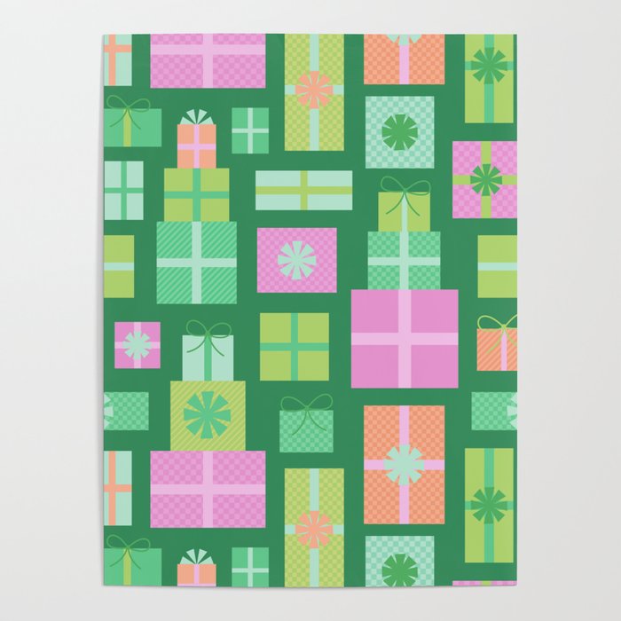 Retro Christmas Presents - Multi on Green Poster Gallery Image 1