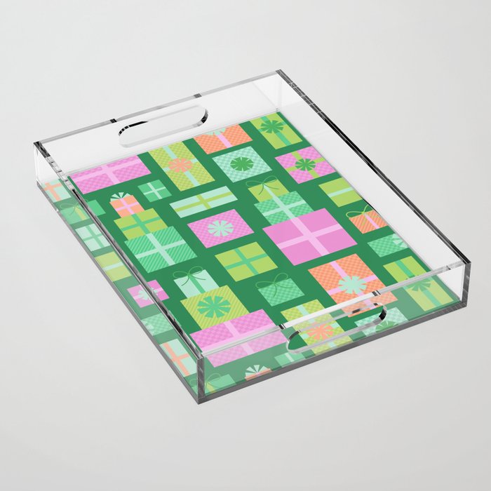 Retro Christmas Presents - Multi on Green Acrylic Tray Gallery Image 1