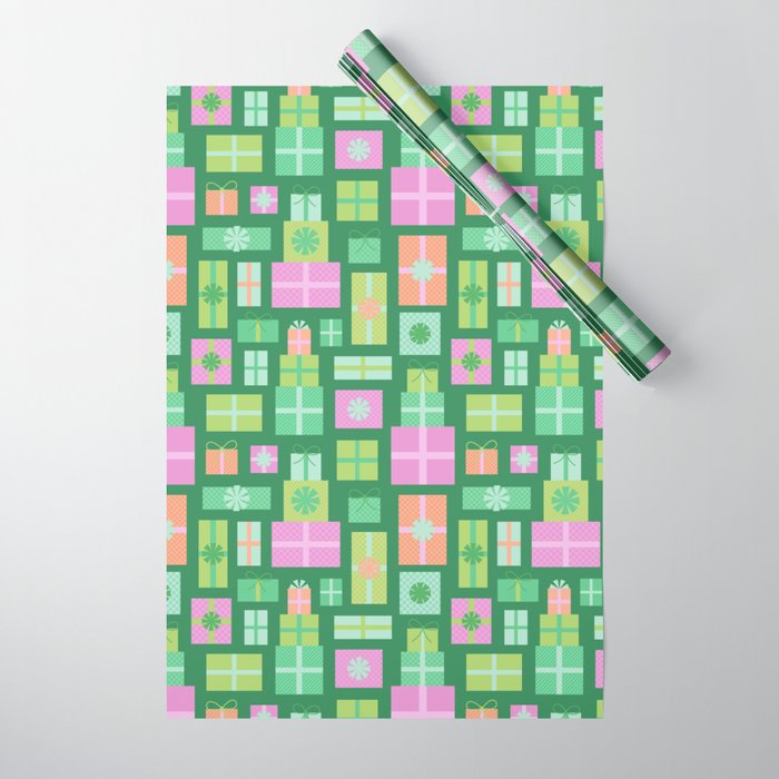 Retro Christmas Presents - Multi on Green Wrapping Paper Gallery Image 1