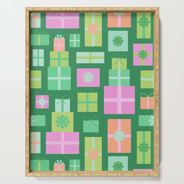 Retro Christmas Presents - Multi on Green Serving Tray Gallery Image 1