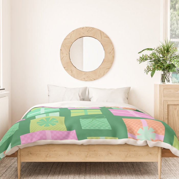 Retro Christmas Presents - Multi on Green Duvet Cover Gallery Image 3