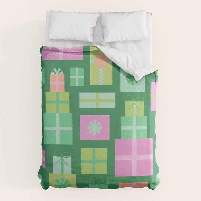 Retro Christmas Presents - Multi on Green Duvet Cover Gallery Image 1