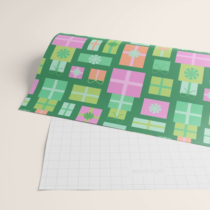 Retro Christmas Presents - Multi on Green Wrapping Paper Gallery Image 2