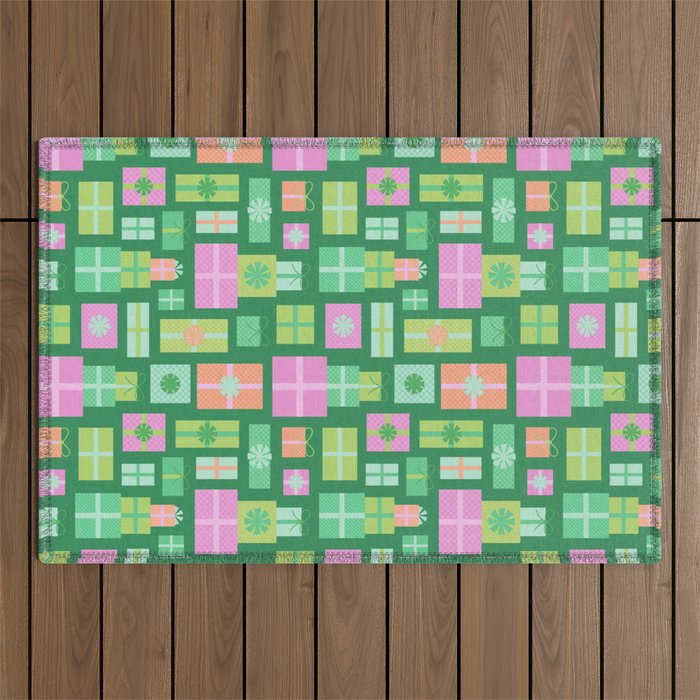 Retro Christmas Presents - Multi on Green Outdoor Rug Gallery Image 1