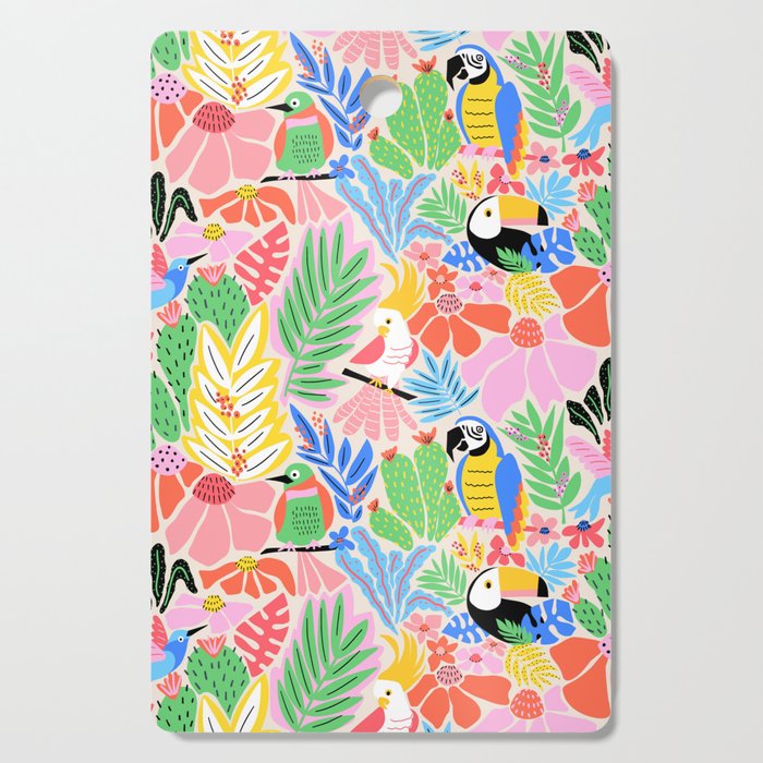 Joyful Jungle Exotic Birds Colorful Pattern Cutting Board Gallery Image 1