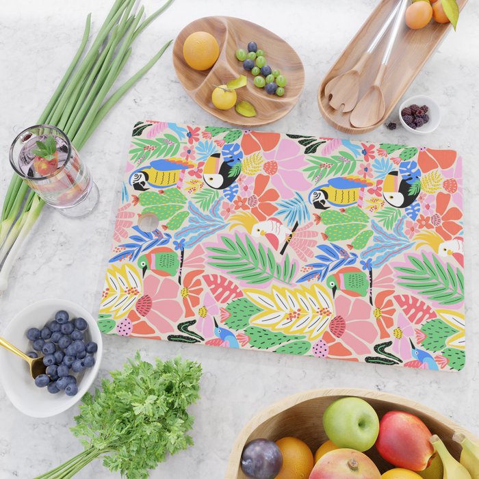 Joyful Jungle Exotic Birds Colorful Pattern Cutting Board Gallery Image 2