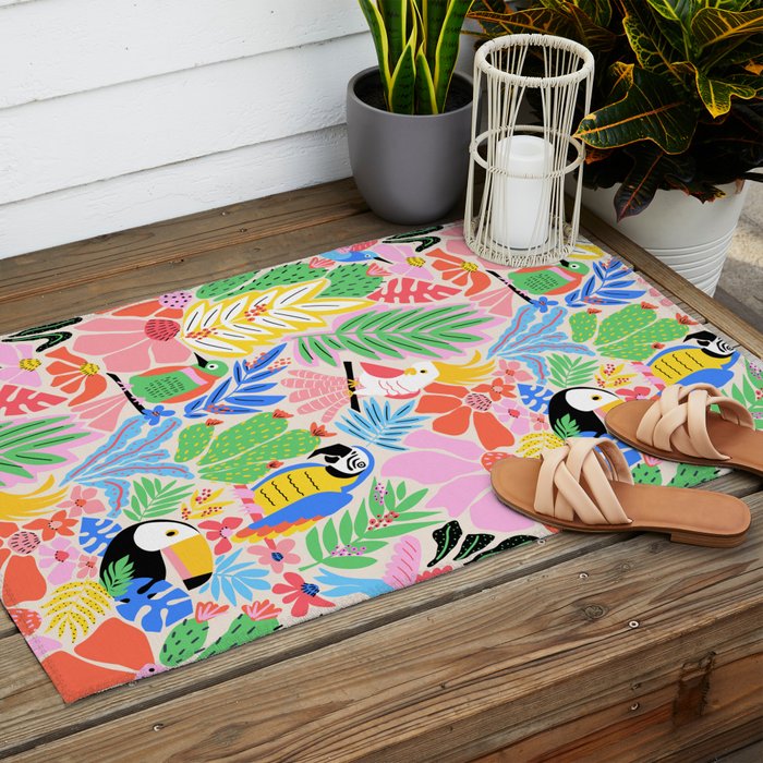 Joyful Jungle Exotic Birds Colorful Pattern Outdoor Rug Gallery Image 2