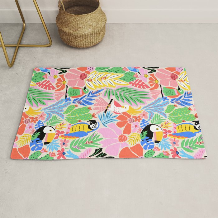 Joyful Jungle Exotic Birds Colorful Pattern Rug Gallery Image 1