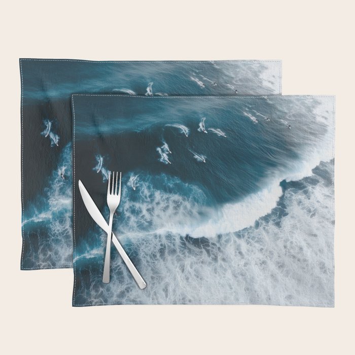 Aerial Surf Print - Surfers Riding Big Ocean Wave Placemat Gallery Image 1
