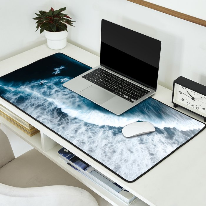 Aerial Surf Print - Surfers Riding Big Ocean Wave Desk Mat Gallery Image 2