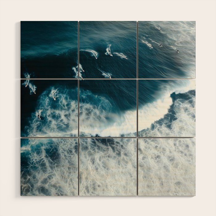 Aerial Surf Print - Surfers Riding Big Ocean Wave Wood Wall Art Gallery Image 1