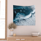 Aerial Surf Print - Surfers Riding Big Ocean Wave Wall Tapestry Gallery Image 2