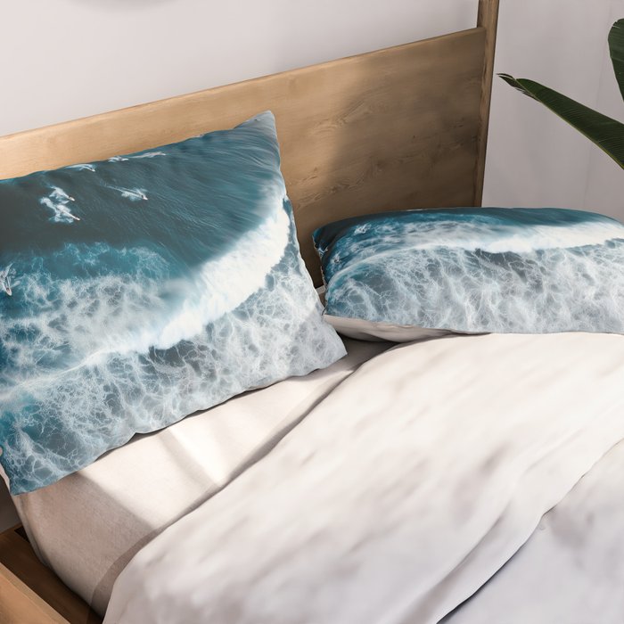 Aerial Surf Print - Surfers Riding Big Ocean Wave Pillow Sham Gallery Image 2