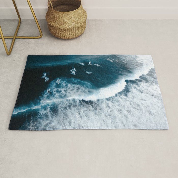 Aerial Surf Print - Surfers Riding Big Ocean Wave Rug Gallery Image 1
