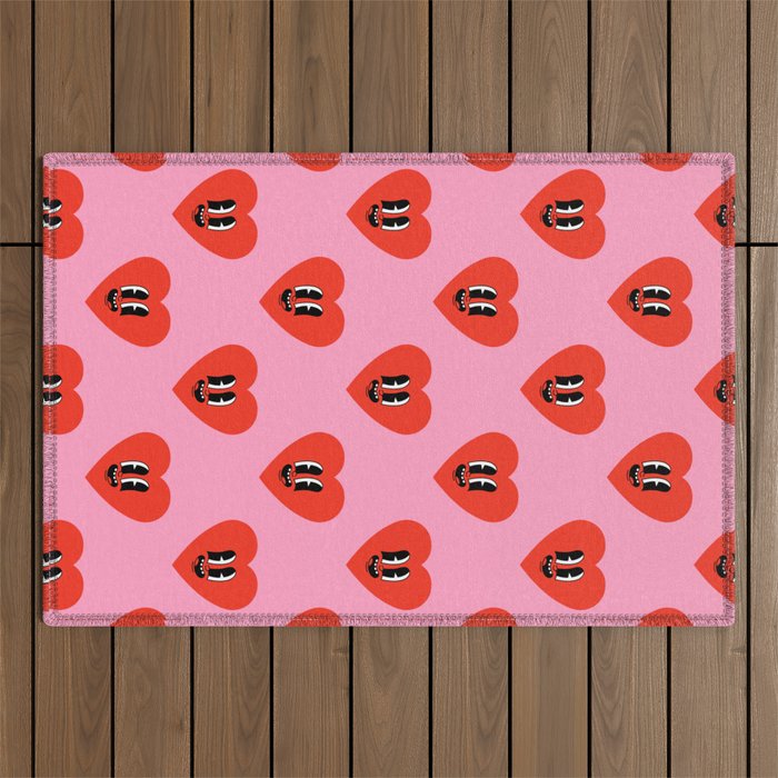 Funny retro love heart cartoon pattern Outdoor Rug Gallery Image 1