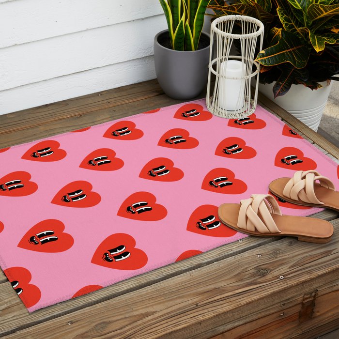 Funny retro love heart cartoon pattern Outdoor Rug Gallery Image 2