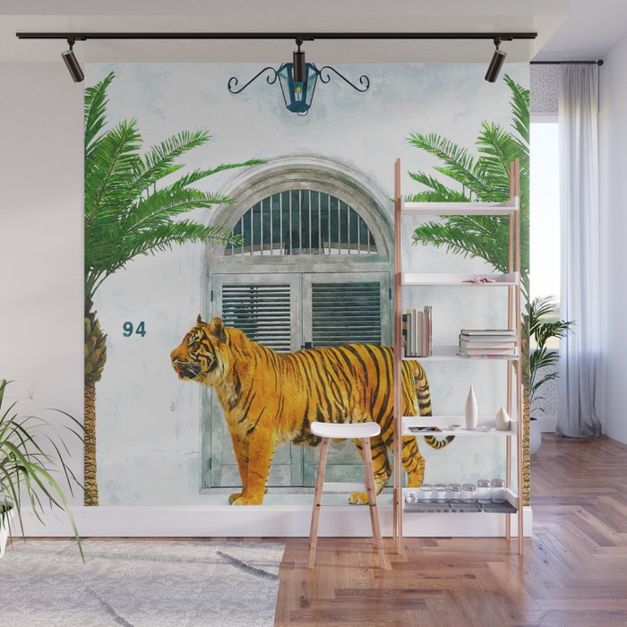 94 Tropical, Greece Architecture Buildings Tiger Wild Cat Watercolor Palm Travel Bohemian Painting Wall Mural Gallery Image 1