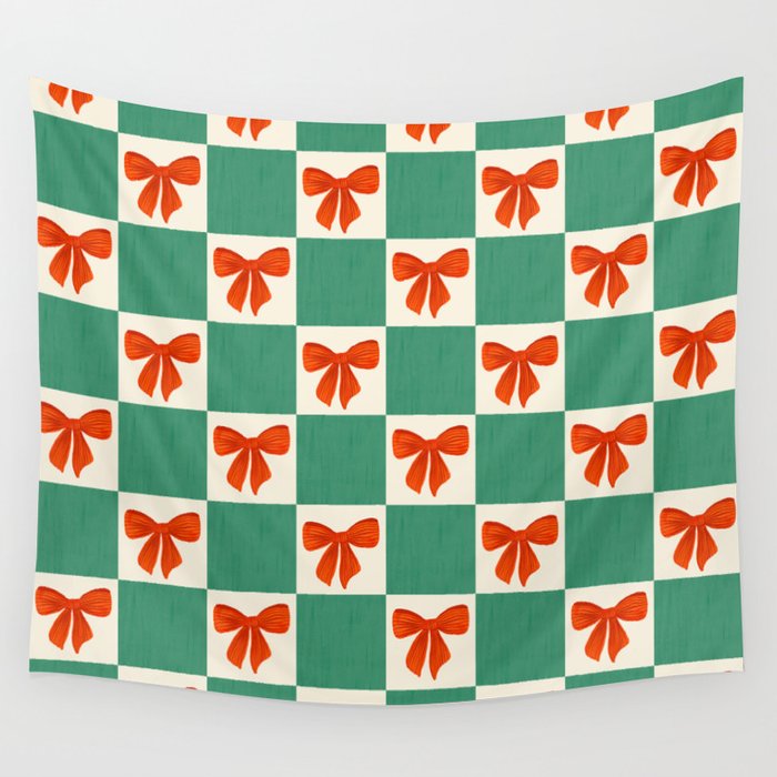 Charming Red Bow Checkerboard Pattern - Festive Holiday Background Wall Tapestry Gallery Image 1