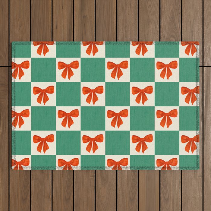Charming Red Bow Checkerboard Pattern - Festive Holiday Background Outdoor Rug Gallery Image 1