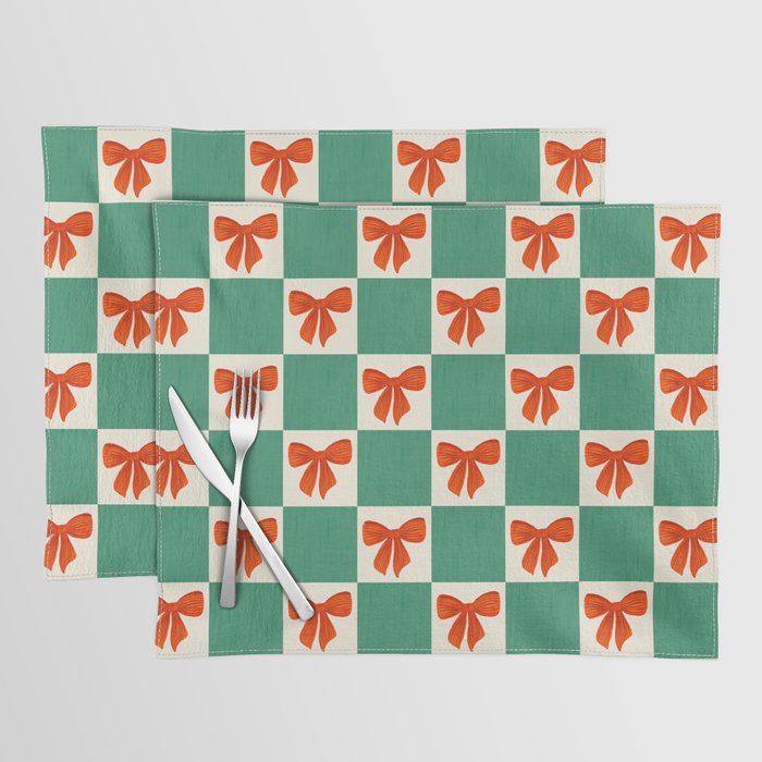 Charming Red Bow Checkerboard Pattern - Festive Holiday Background Placemat Gallery Image 1